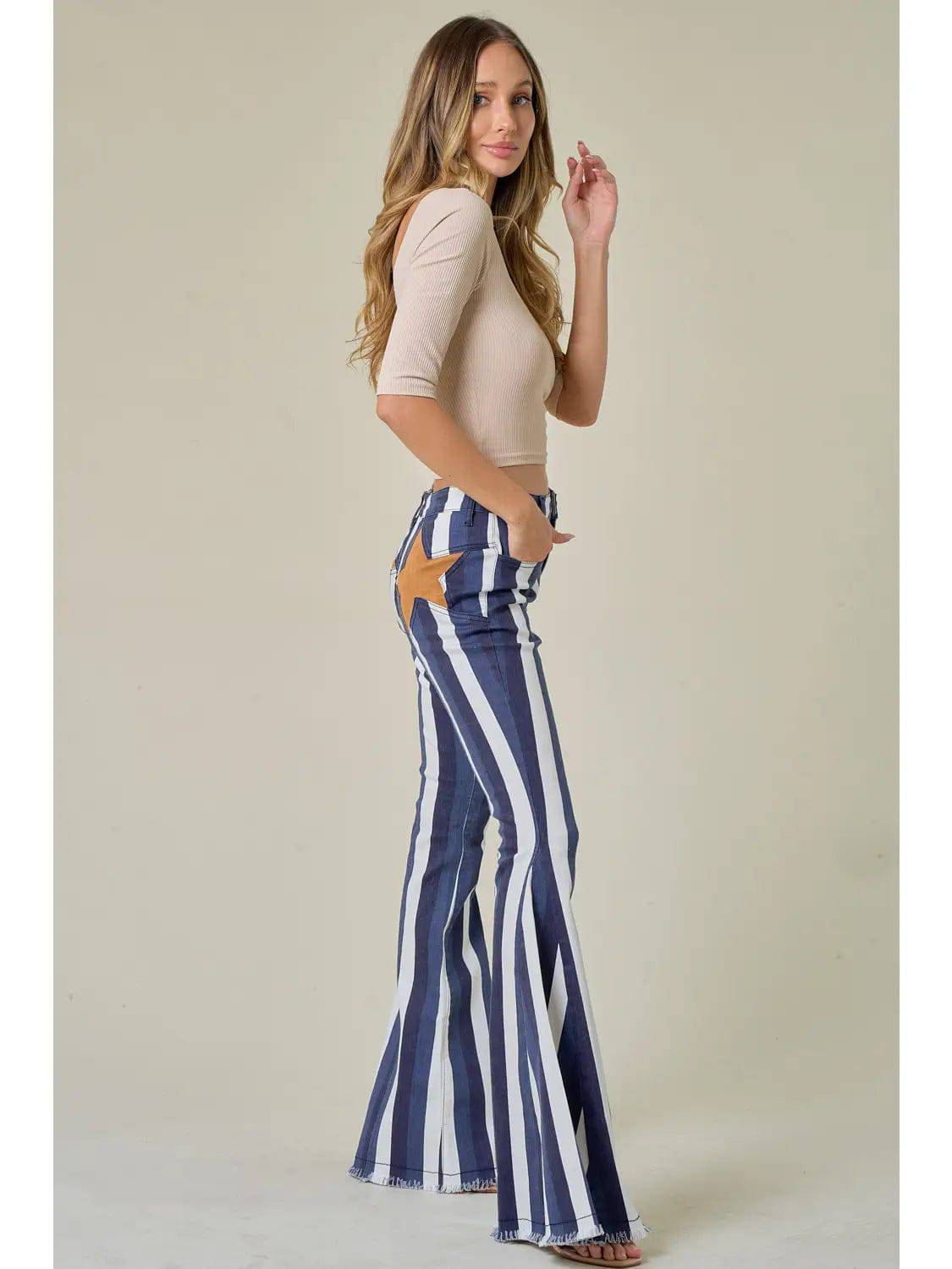 MULTI STRIPE STAR BACK BELLBOTTOM JEANS - Unladylique