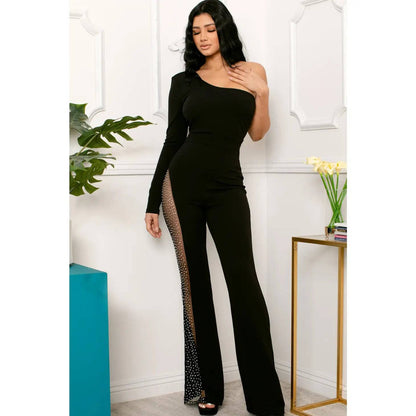 Unladylique - Rhinestone and mesh one shoulder jumpsuit - Unladylique