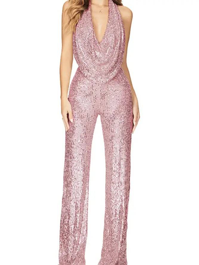 Unladylique Black Sleeveless Halter Sequin Glitter One Piece Jumpsuit - Unladylique