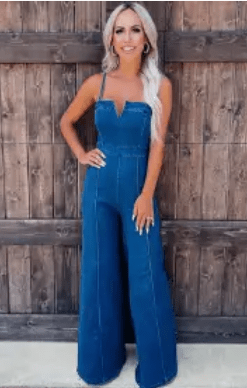 Blue Spaghetti Straps Notch V Denim Jumpsuit - Unladylique