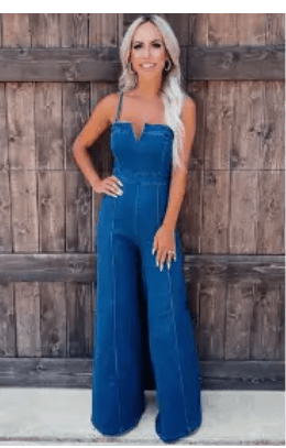 Blue Spaghetti Straps Notch V Denim Jumpsuit - Unladylique