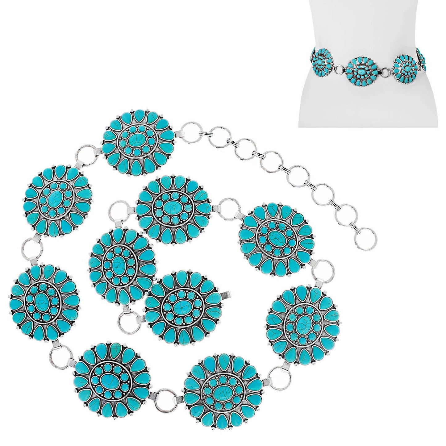 SP Sophia Collection - Western Style Synthetic Semi Stone Concho Chain Link Belt: Turquoise